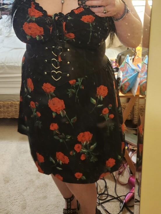 SHEIN Dresses & Skirts - SHEIN Curve Black Midi Slip Dress w/Red Rose Print Ruffule & Tie Detail